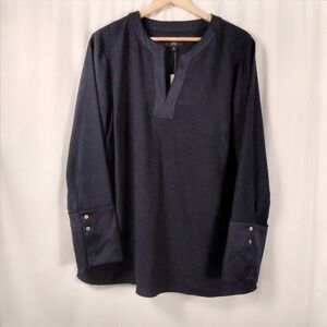 J Crew Womens‎ XL Crepe Tunic Blouse Satin Trim Long Sleeve Split Neck Navy NWT